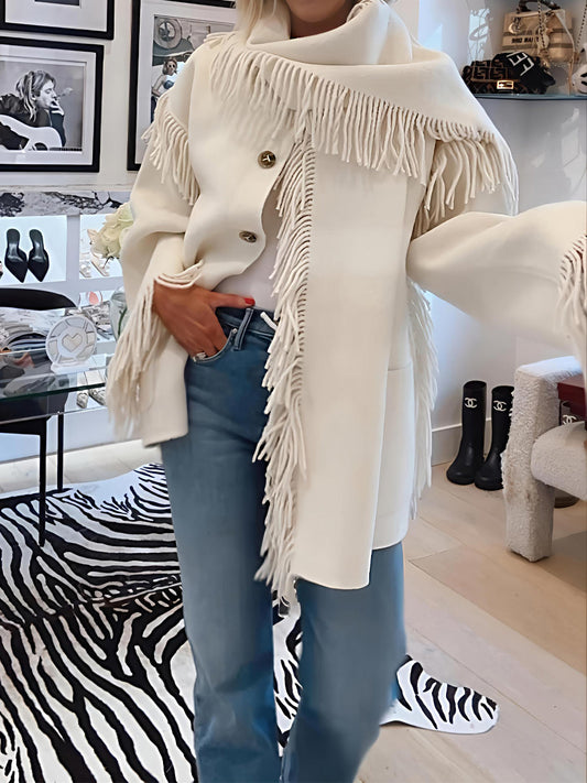 Fringed Trims High Neck Jacket With Attached Scarf