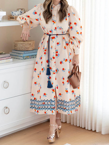 Printed Long Sleeve Tie-up Shirtdress