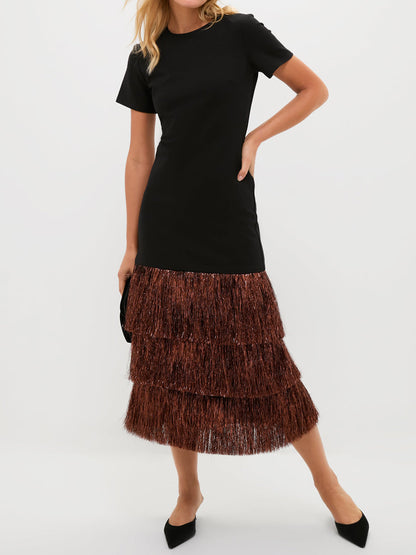 Fringed Hem Short Sleeve Maxi Dress