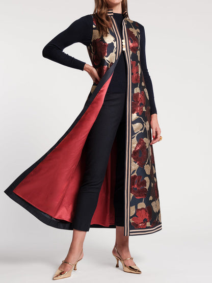 Stand Collar Sleeveless A-line Maxi Jacket