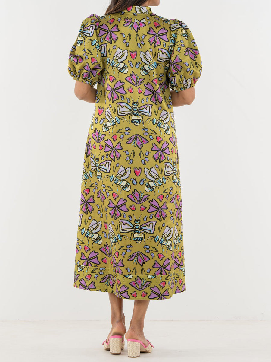 Printed V Neck Elastic Puff Sleeves Loose Maxi Dress
