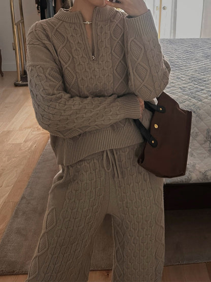 Half-zip Neck Cable Knit Sweater Two Pieces Set