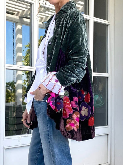 Embroidered Velvet Button-Front Shirt