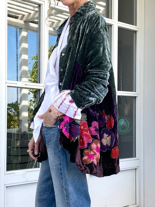 Embroidered Velvet Button-Front Shirt