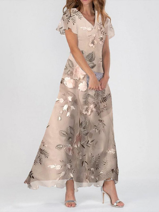 Champagne Floral Print Short Sleeve Maxi Dress