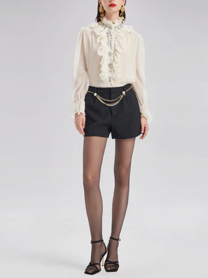 Ruffled Stand Collar Beaded Shirt