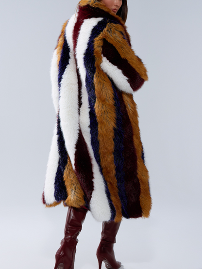 Faux Fur Contrast Vertical Stripe Coat