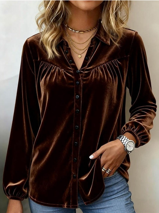 Rich Brown Velvet Plain Top With Pleated Front