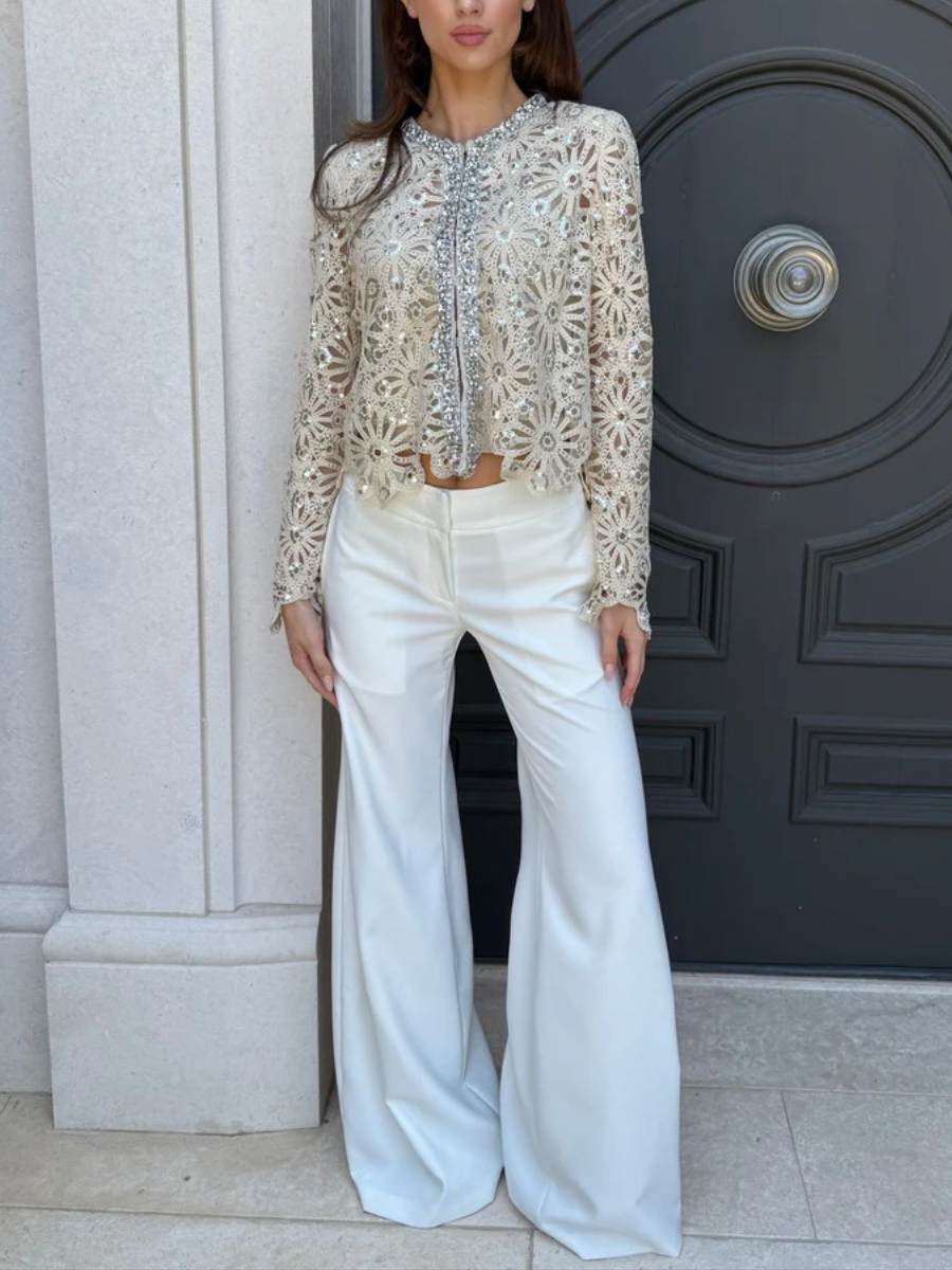 Rhinestone And Sequin Adorned Crochet Lace Cardigan