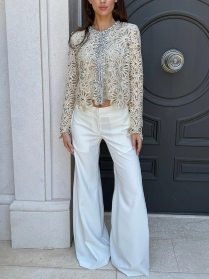Rhinestone And Sequin Adorned Crochet Lace Cardigan
