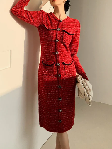 Demure Tweed Red Dress
