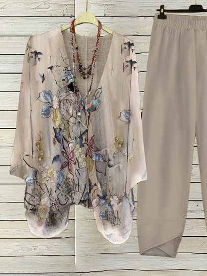 Apricot Plant Print V-Neck Two Piece Set