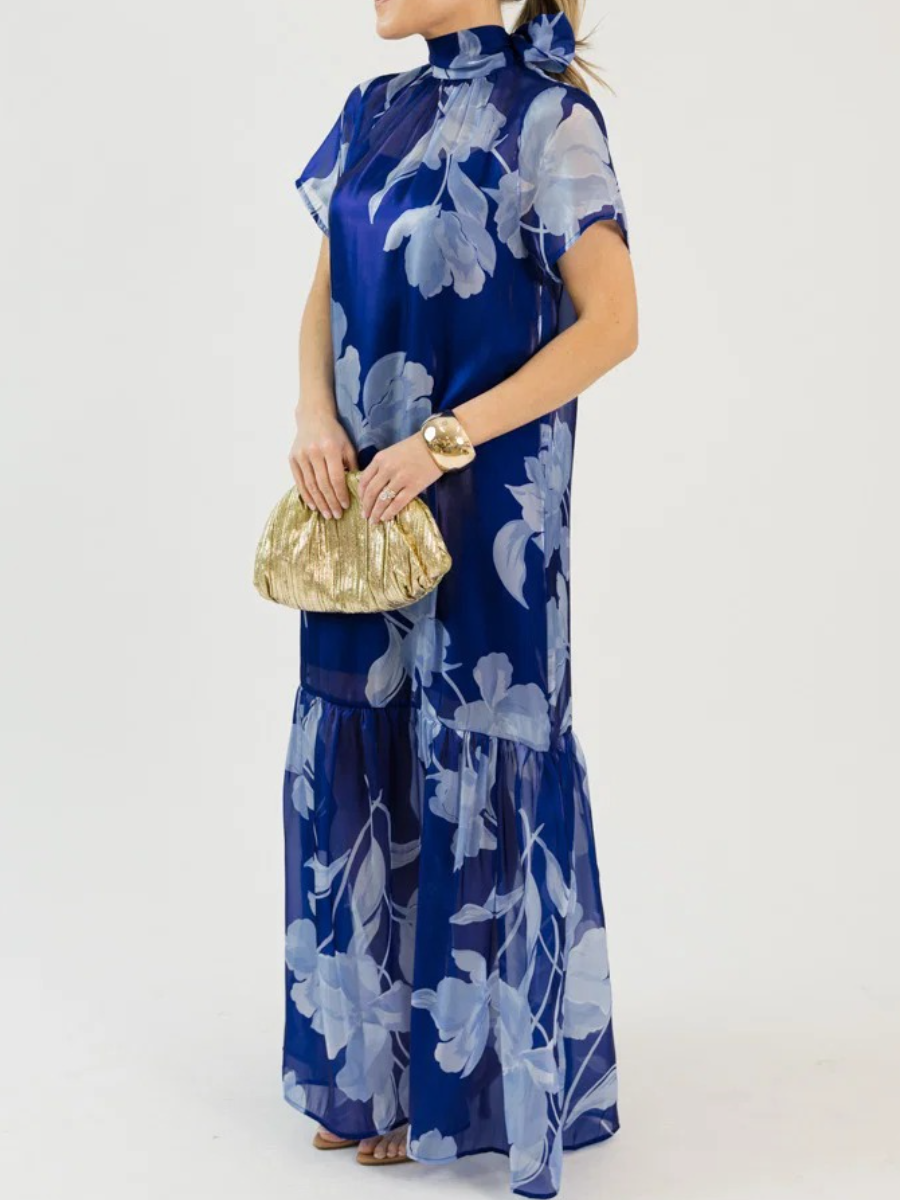 Organza Mockneck Navy Maxi Dress