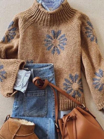 Retro Brown Mock Neck Long Sleeve Sweater