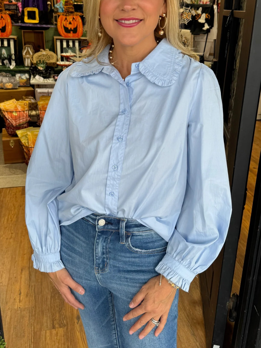 Ruffled Collar Puff Sleeve Button-Down Blouse