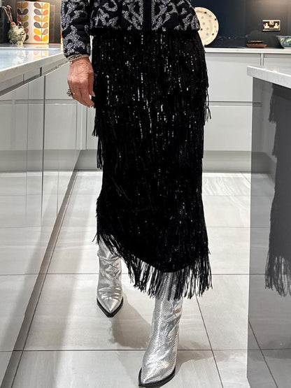 Elasticized Waist Sequin Fringed Skirt