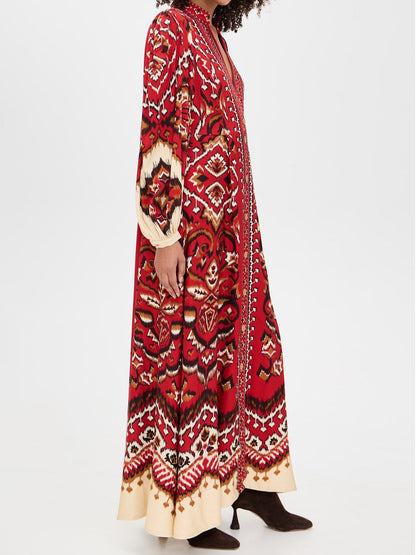 Printed Puff Sleeves V Neck Maxi Dress