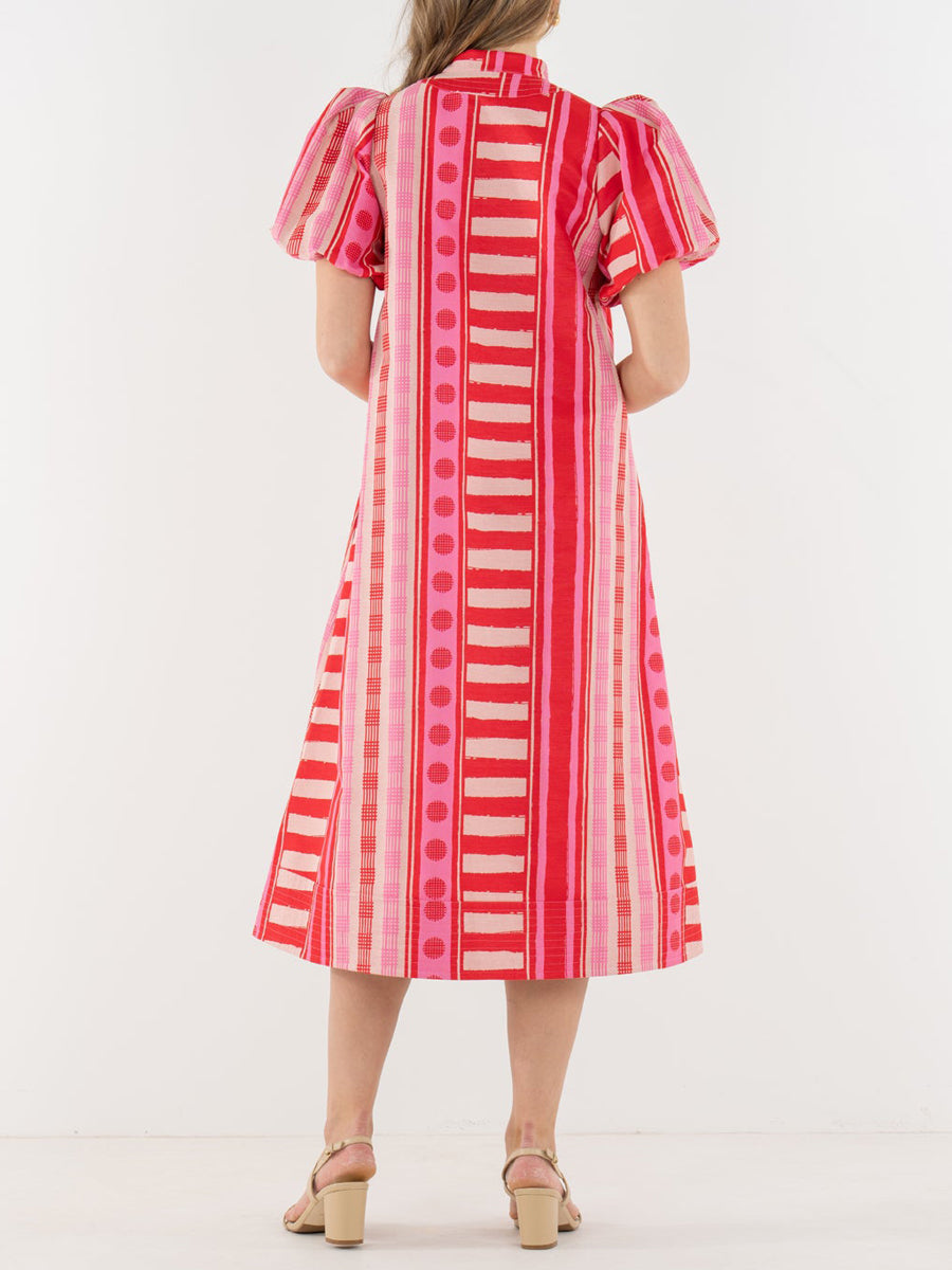Printed V Neck Elastic Puff Sleeves Loose Maxi Dress