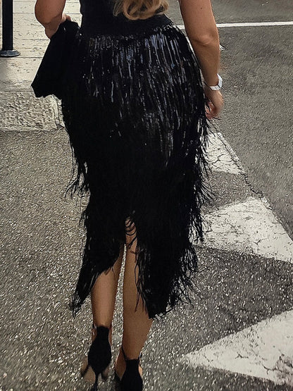Elasticized Waist Sequin Fringed Skirt