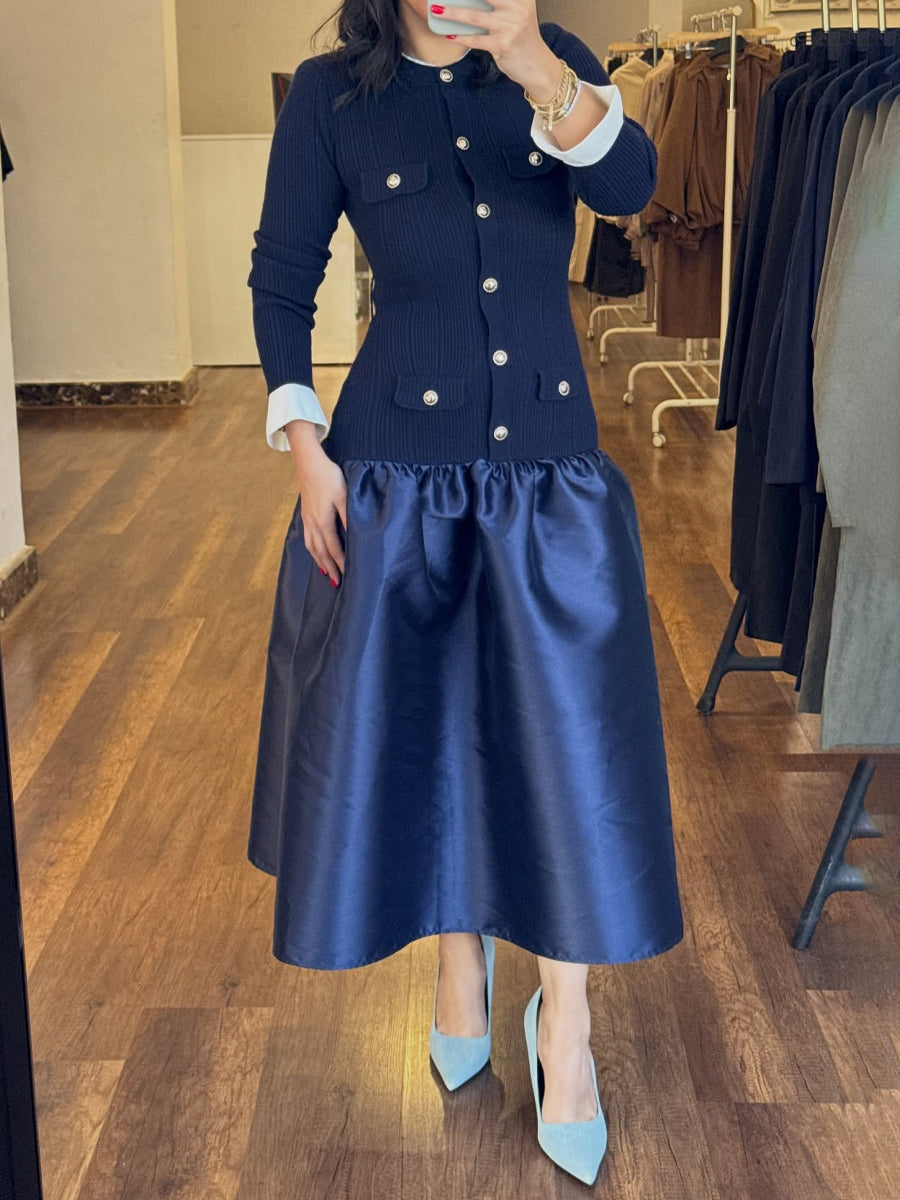 Gold Buttons Contrast Trims Dropped Waist Dress