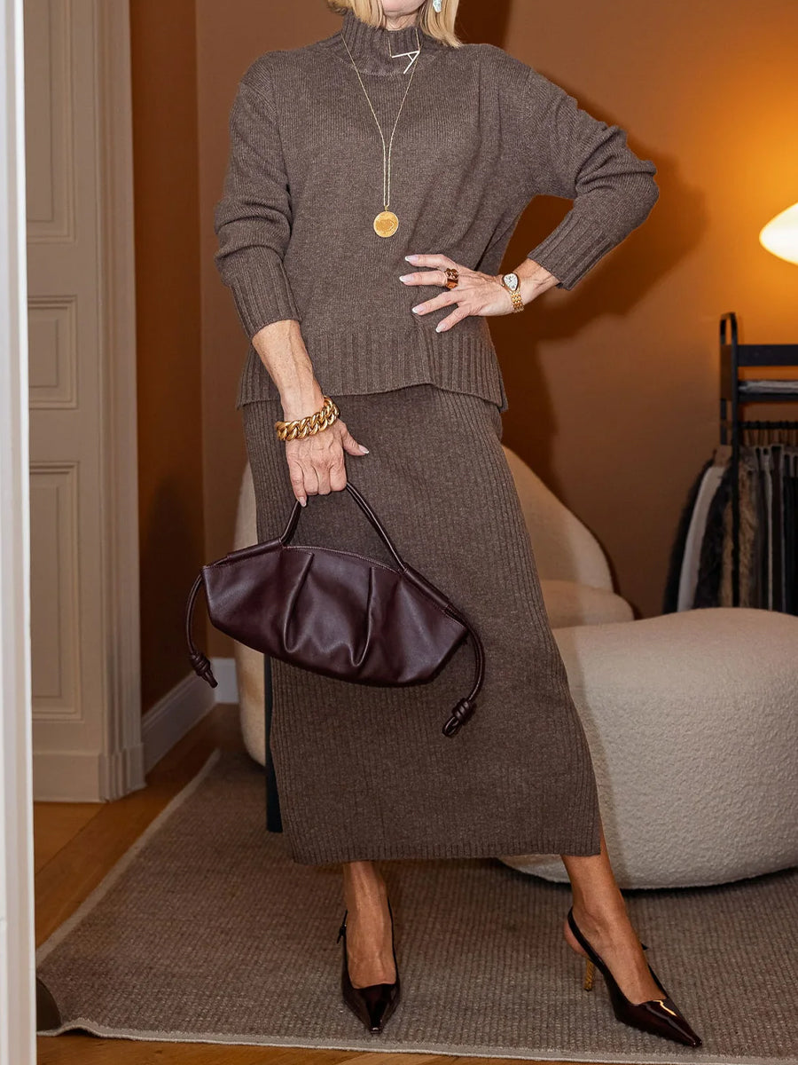 Knitted High Neck Sweater Two Pieces Dress