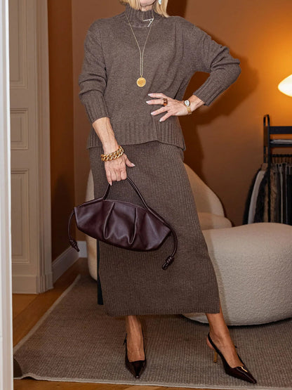 Knitted High Neck Sweater Two Pieces Dress