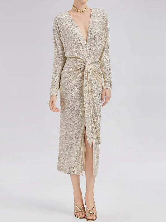 Elegant V Neck High Slit Sequin Dress