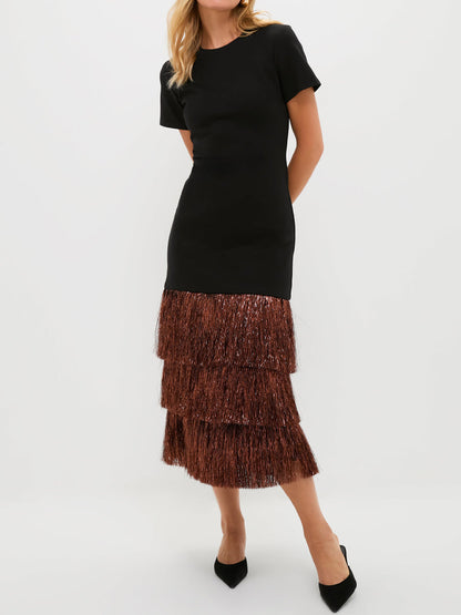 Fringed Hem Short Sleeve Maxi Dress
