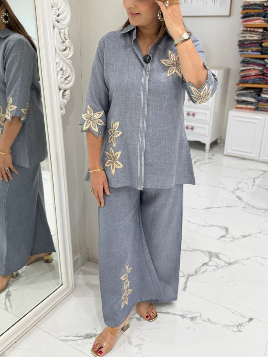 Dusty Blue Embroidered Linen Blend 2-Piece Set