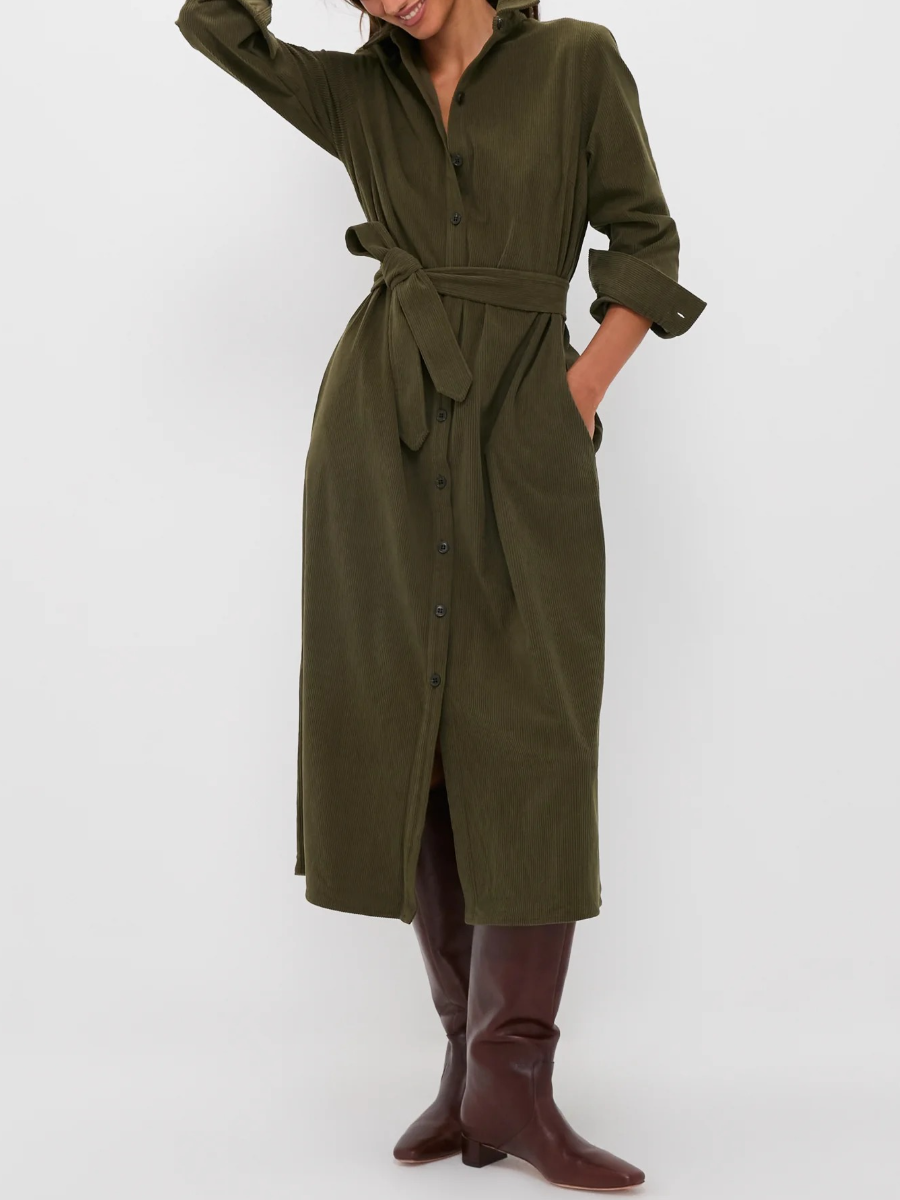 Olive Wide Wale Corduroy Tara Shirt Dress
