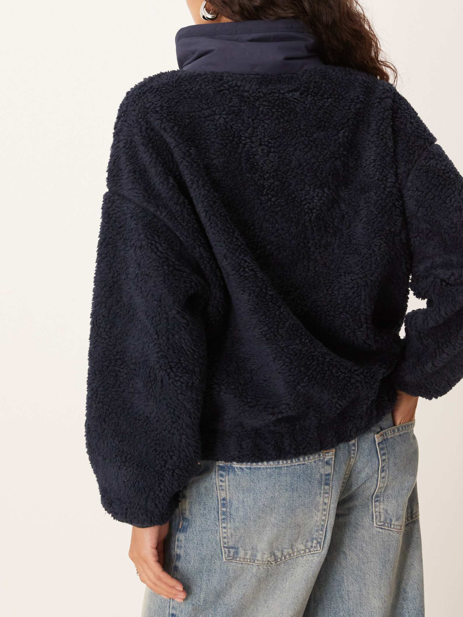 Navy Sherpa Bear Embroidered Half-Zip Pullover