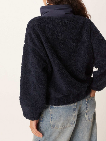 Navy Sherpa Bear Embroidered Half-Zip Pullover