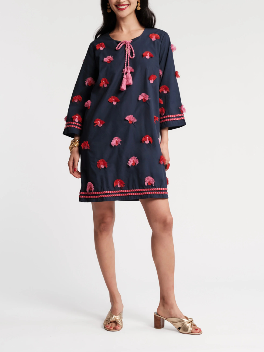 Flower Embroidered Tassel Tie Shift Dress
