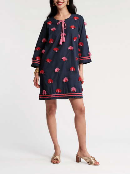 Flower Embroidered Tassel Tie Shift Dress