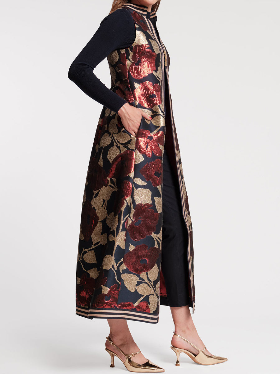 Stand Collar Sleeveless A-line Maxi Jacket