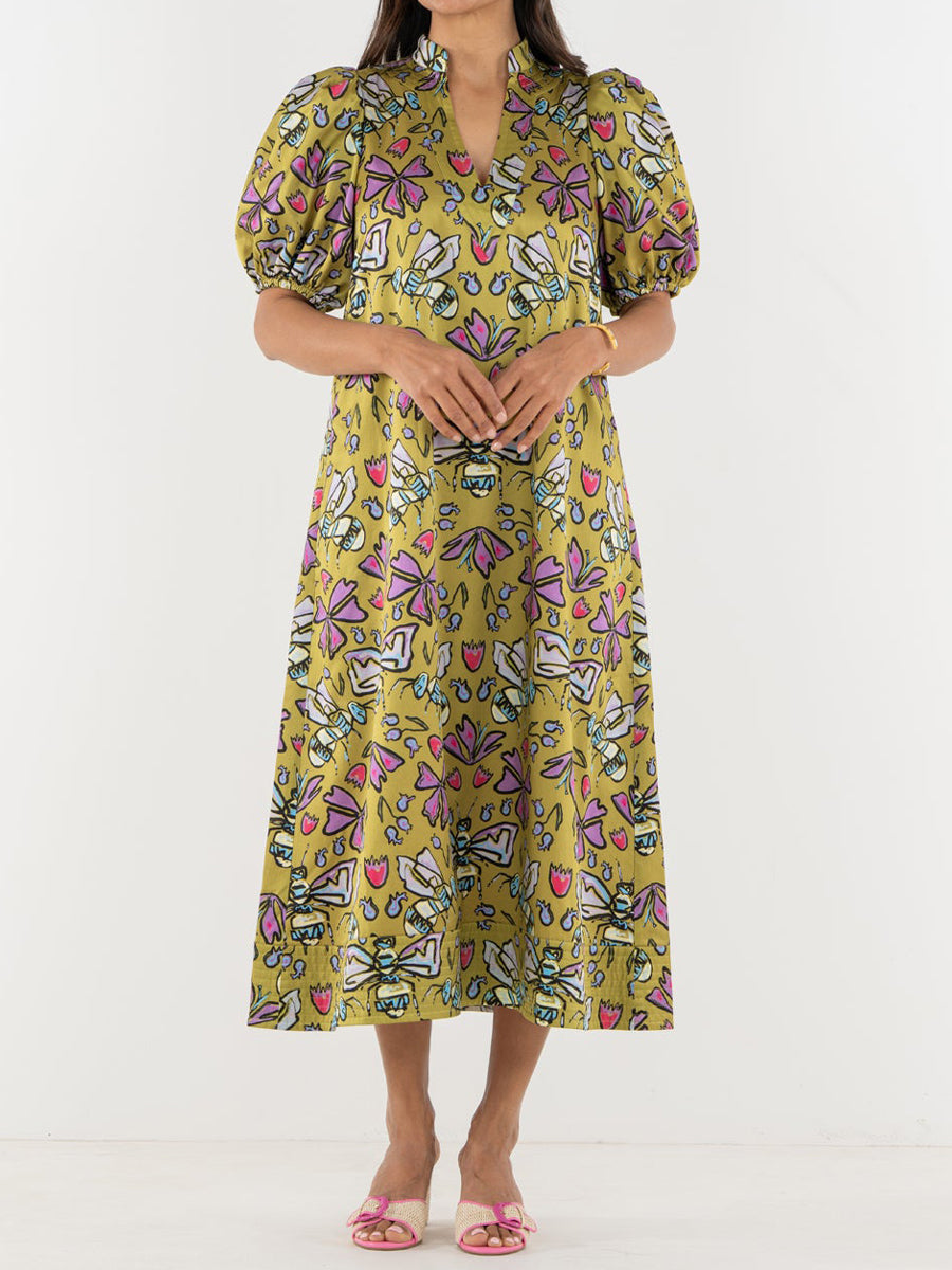 Printed V Neck Elastic Puff Sleeves Loose Maxi Dress