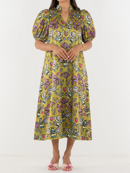 Printed V Neck Elastic Puff Sleeves Loose Maxi Dress