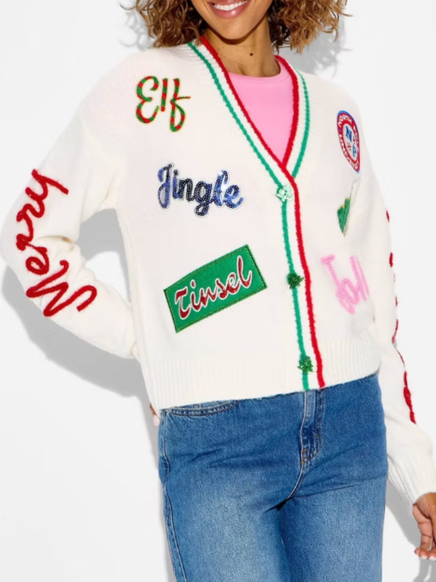 V-Neck Shoulder Long-Sleeve Holiday Print Cardigan