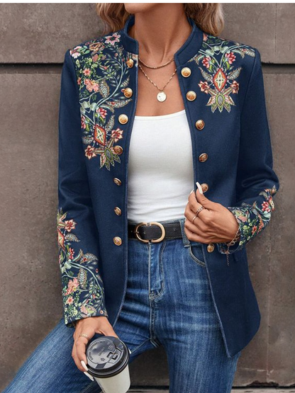 Popular Floral Print Collarless Outerwear