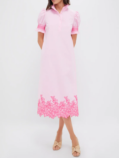 Pink Embroidery Eliza Midi Dress