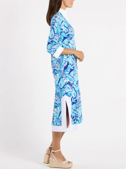 Tropical Print Contrast Collar Midi Shirt Dress