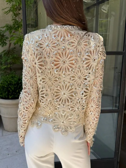 Rhinestone And Sequin Adorned Crochet Lace Cardigan