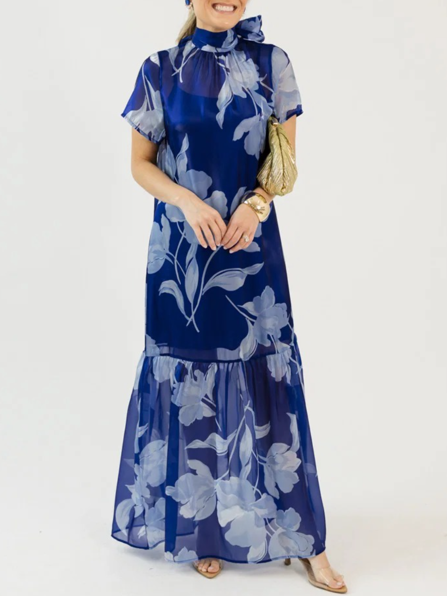Organza Mockneck Navy Maxi Dress