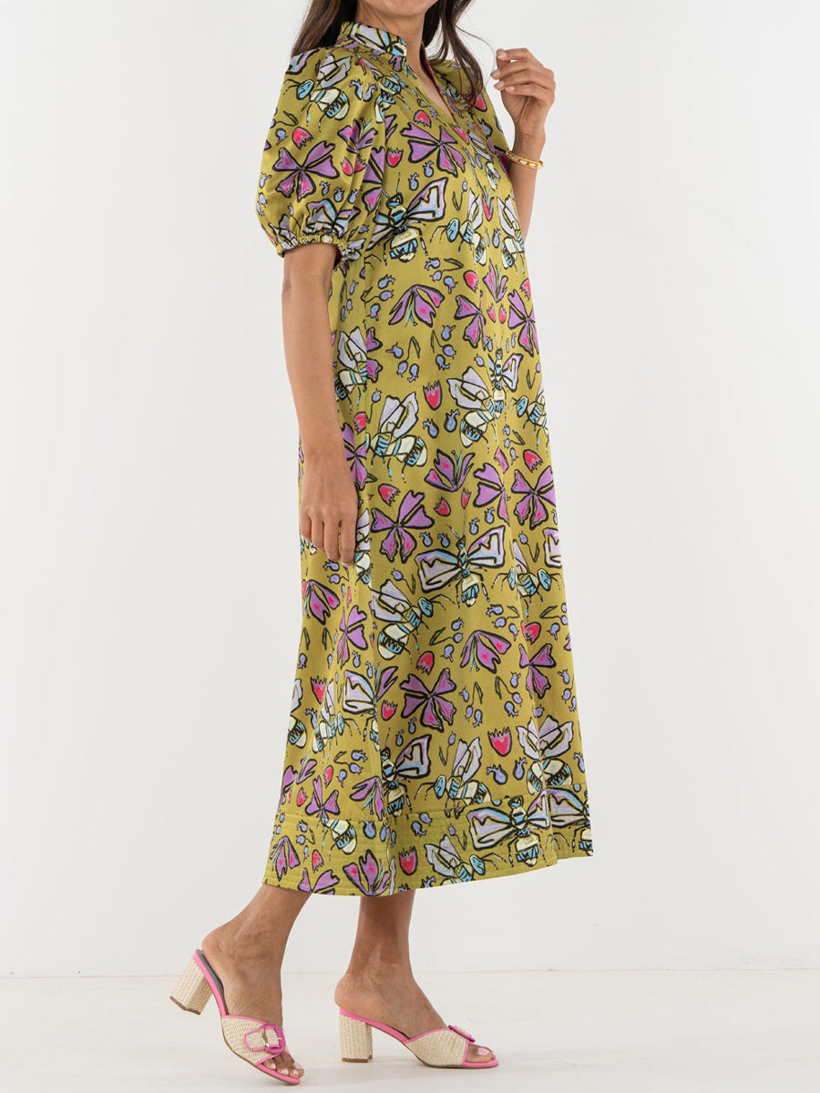 Printed V Neck Elastic Puff Sleeves Loose Maxi Dress