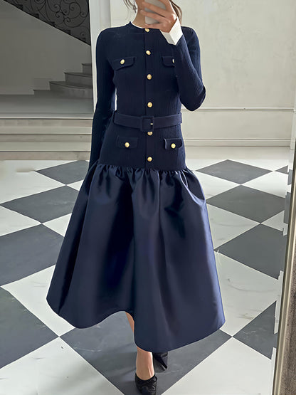 Gold Buttons Contrast Trims Dropped Waist Dress