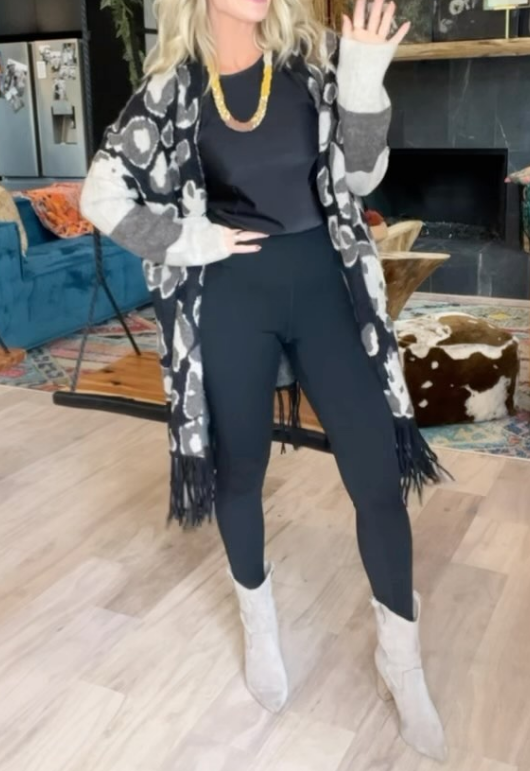Tassel Stretchy Animal Print Cardigan