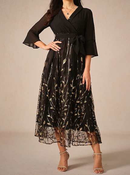 Demure Embroidered Leaf Midi Dress