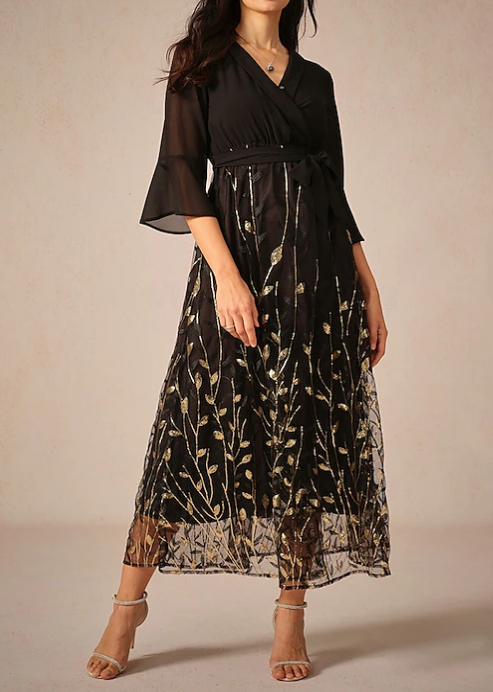 Demure Embroidered Leaf Midi Dress