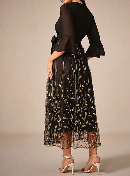 Demure Embroidered Leaf Midi Dress