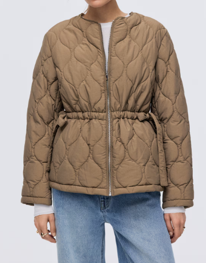 Belt Quilted Crewneck Coat